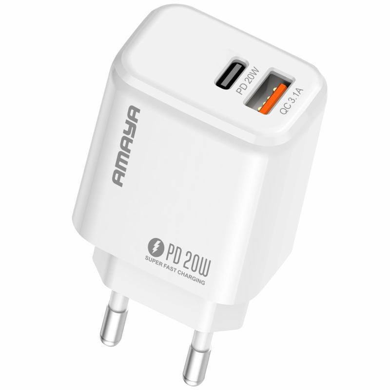 Мережевий зарядний пристрій Amaya E43D PD 20W (1×USB-A / 1×USB-C) + кабель USB to USB-C White