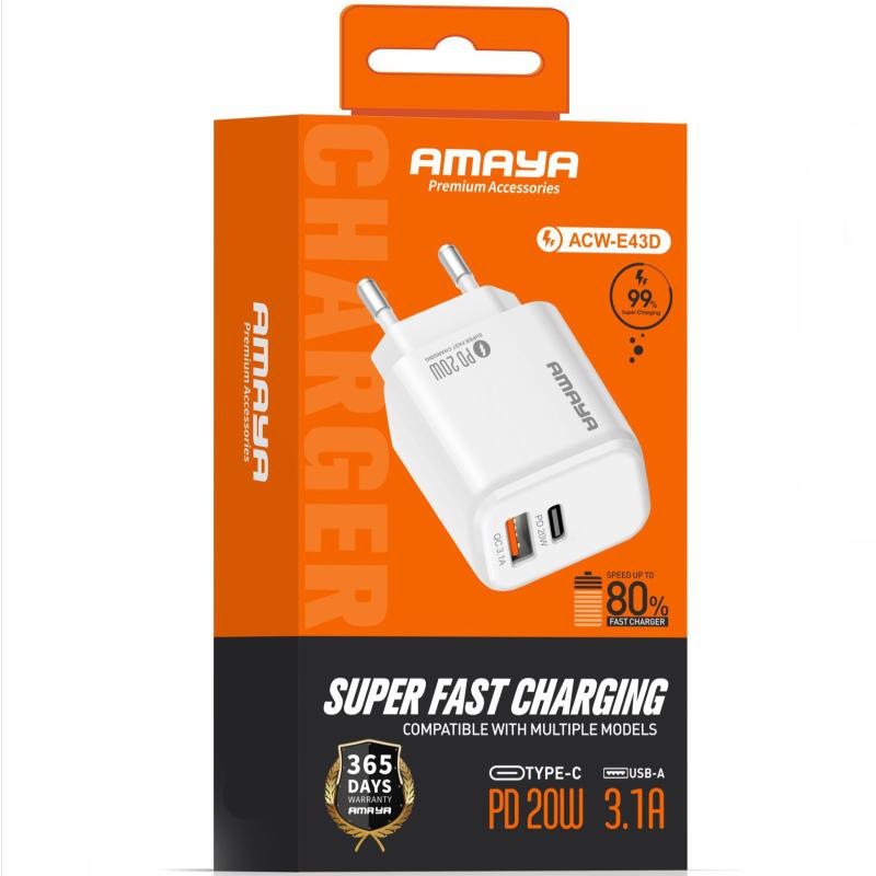 Мережевий зарядний пристрій Amaya E43D PD 20W (1×USB-A / 1×USB-C) White