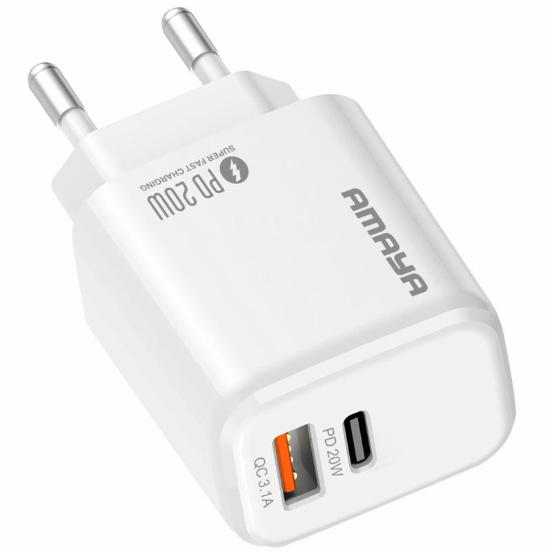Мережевий зарядний пристрій Amaya E43D PD 20W (1×USB-A / 1×USB-C) White