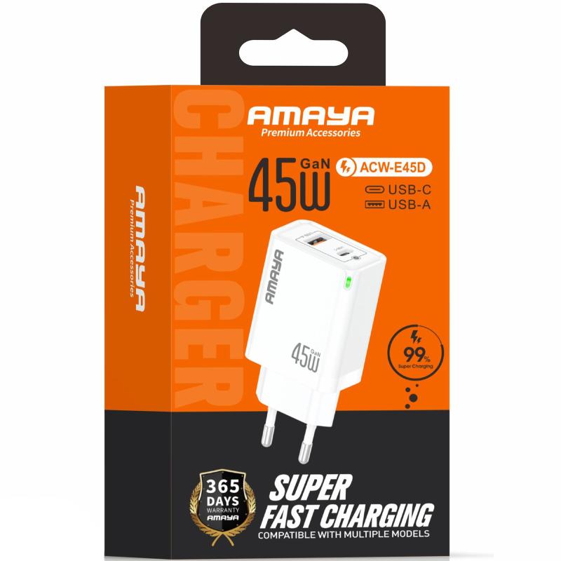 Мережевий зарядний пристрій Amaya E45D PD 45W + QC 3.0 GaN (1×USB-A / 1×USB-C) White