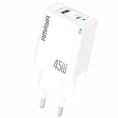 Мережевий зарядний пристрій Amaya E45D PD 45W + QC 3.0 GaN (1×USB-A / 1×USB-C) White