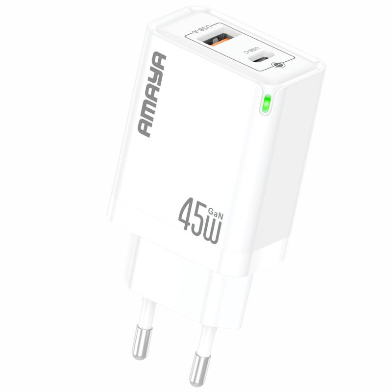 Мережевий зарядний пристрій Amaya E45D PD 45W + QC 3.0 GaN (1×USB-A / 1×USB-C) White