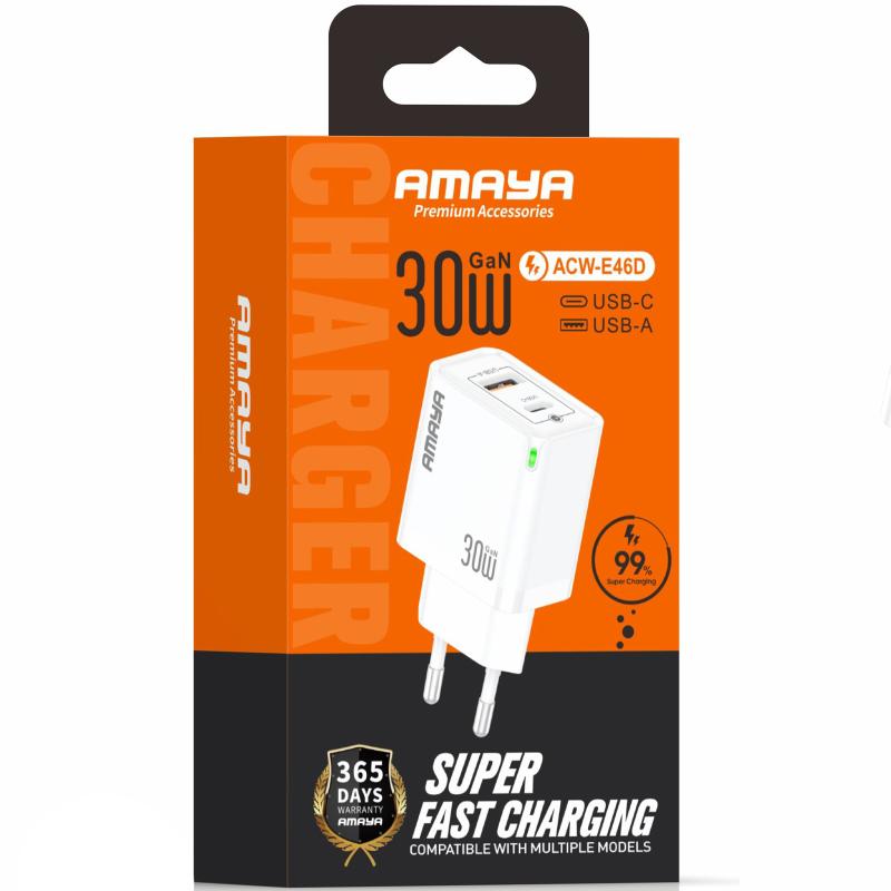 Мережевий зарядний пристрій Amaya E46D PD 30W + QC 3.0 GaN (1×USB-A / 1×USB-C) White