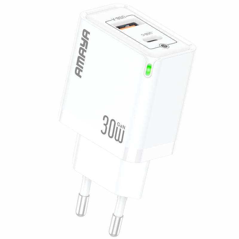 Мережевий зарядний пристрій Amaya E46D PD 30W + QC 3.0 GaN (1×USB-A / 1×USB-C) White