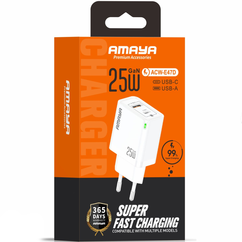 Мережевий зарядний пристрій Amaya E47D PD 25W + QC 3.0 GaN (1×USB-A / 1×USB-C) White