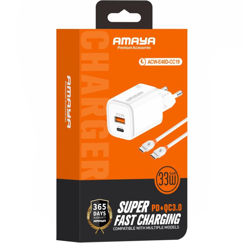Мережевий зарядний пристрій Amaya E48D PD 33W + QC 3.0 (1×USB-A / 1×USB-C) + кабель USB-C → USB-C White