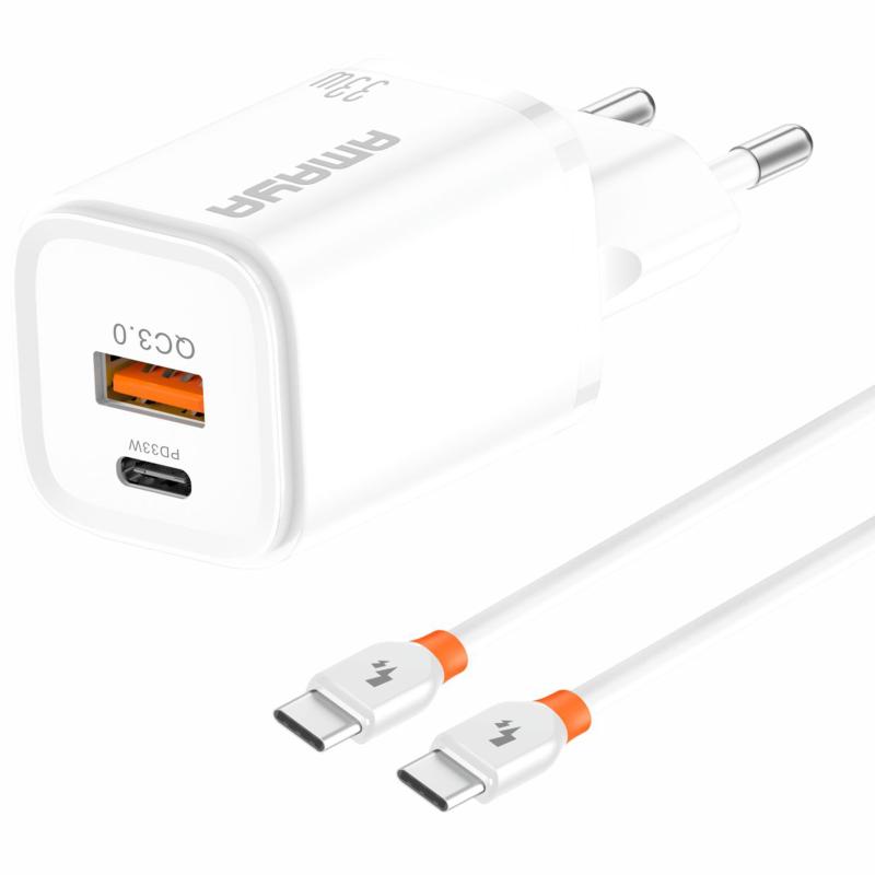 Мережевий зарядний пристрій Amaya E48D PD 33W + QC 3.0 (1×USB-A / 1×USB-C) + кабель USB-C → USB-C White