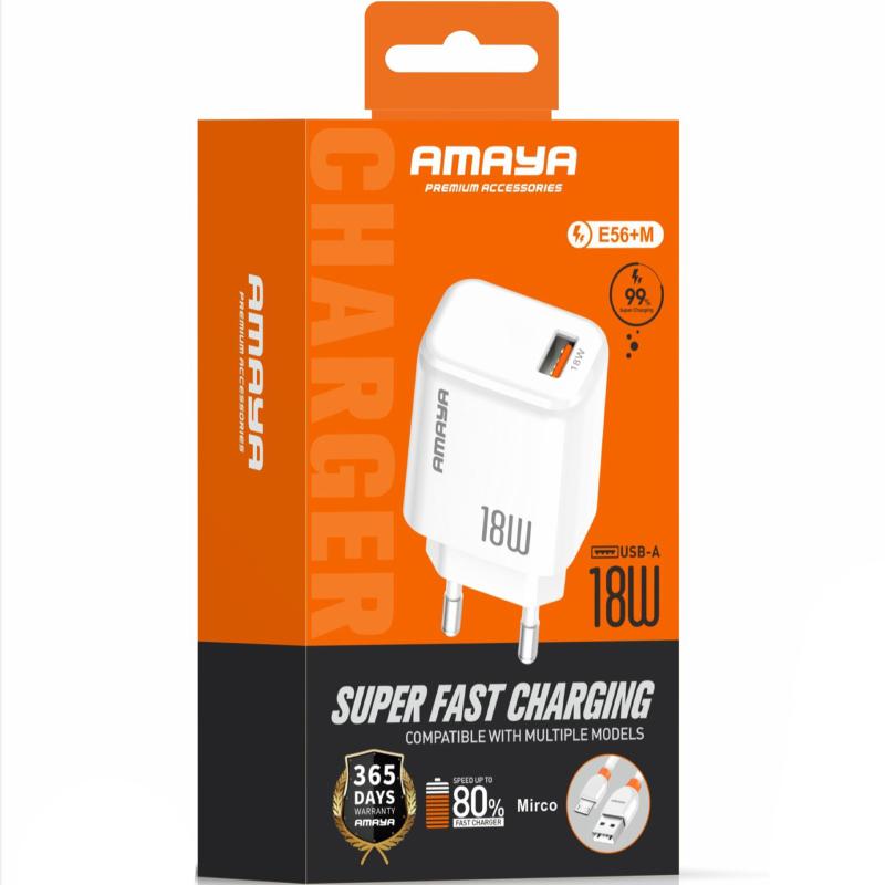 Мережевий зарядний пристрій Amaya E56 QC 3.0 18W (1×USB-A) + кабель USB to Micro-USB White