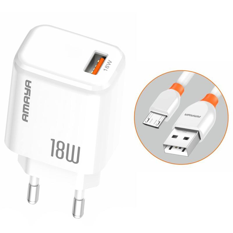 Мережевий зарядний пристрій Amaya E56 QC 3.0 18W (1×USB-A) + кабель USB to Micro-USB White