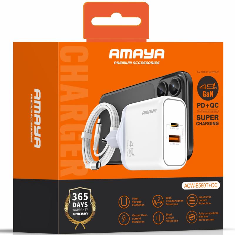 Мережевий зарядний пристрій Amaya E580T PD 45W + QC 3.0 GaN (1×USB-A / 1×USB-C) + кабель USB-C → USB-C White