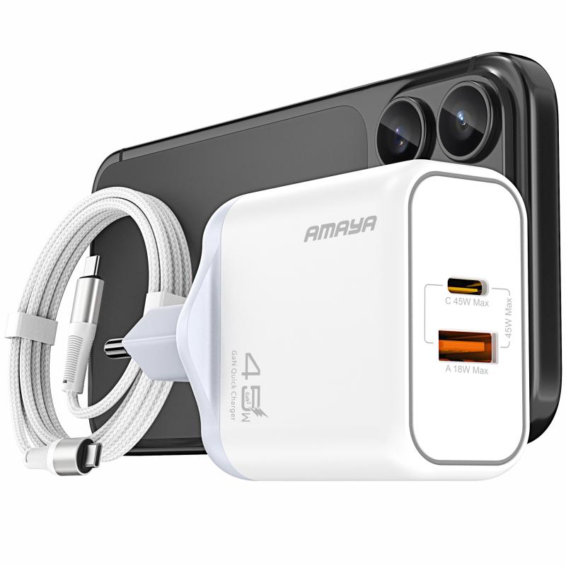 Мережевий зарядний пристрій Amaya E580T PD 45W + QC 3.0 GaN (1×USB-A / 1×USB-C) + кабель USB-C → USB-C White