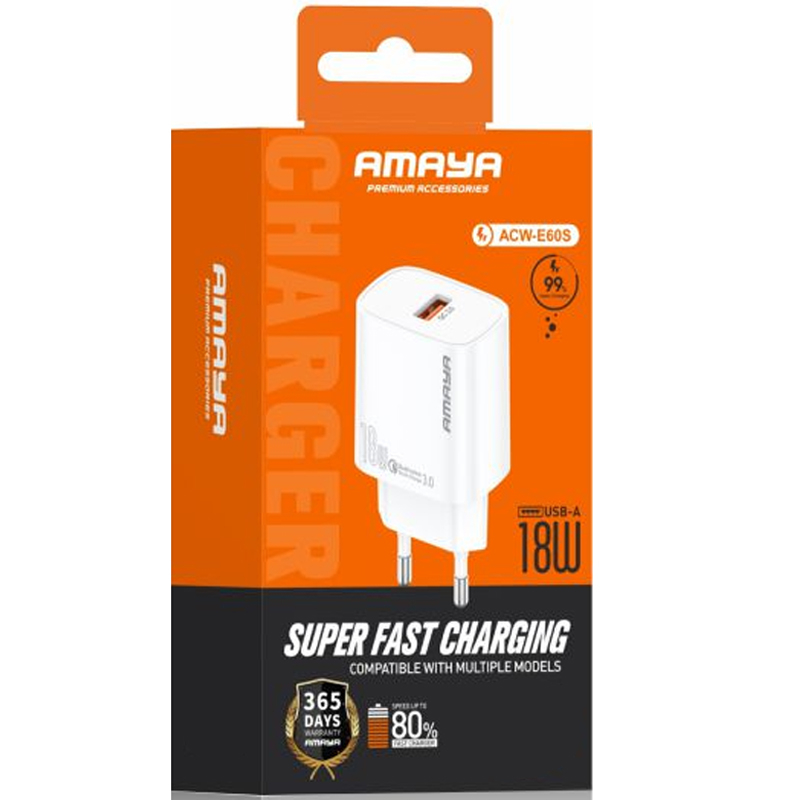 Мережевий зарядний пристрій Amaya E60S QC 3.0 18W (1×USB-A) + кабель USB to USB-C White