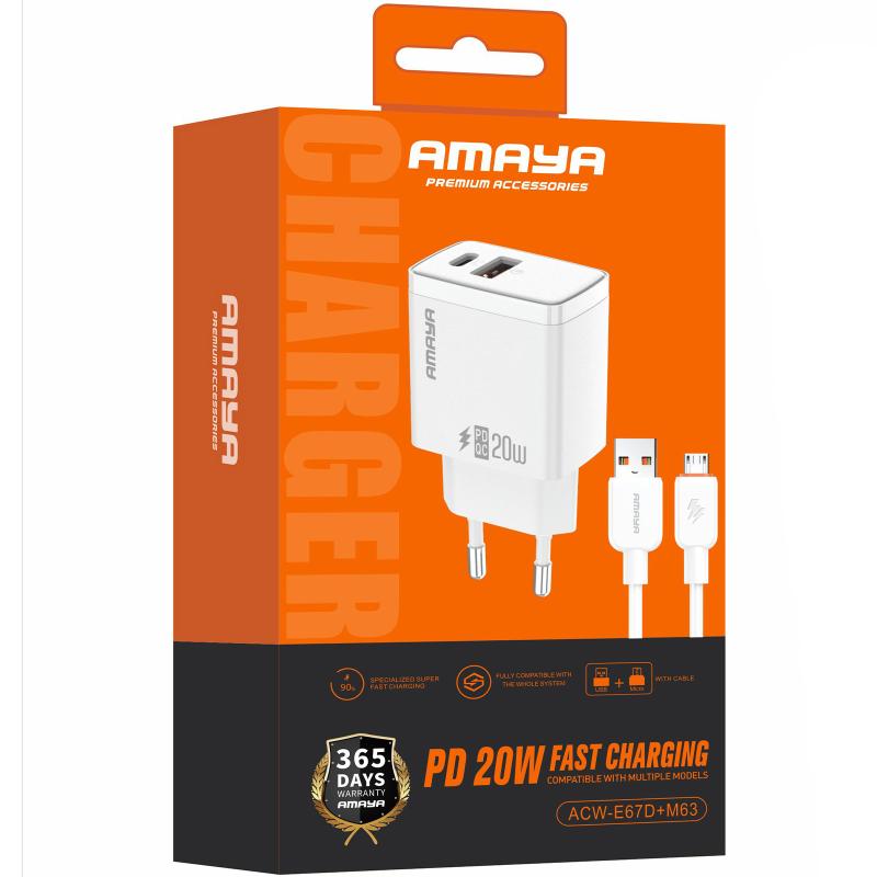 Мережевий зарядний пристрій Amaya E67D PD 20W + QC 3.0 (1×USB-A / 1×USB-C) + кабель USB to Micro-USB White