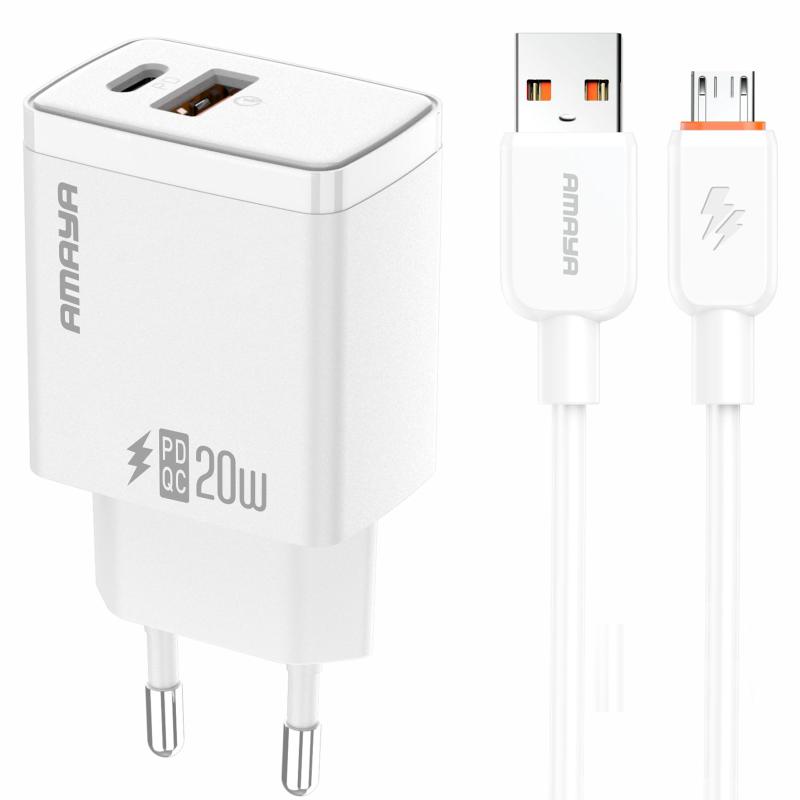 Мережевий зарядний пристрій Amaya E67D PD 20W + QC 3.0 (1×USB-A / 1×USB-C) + кабель USB to Micro-USB White