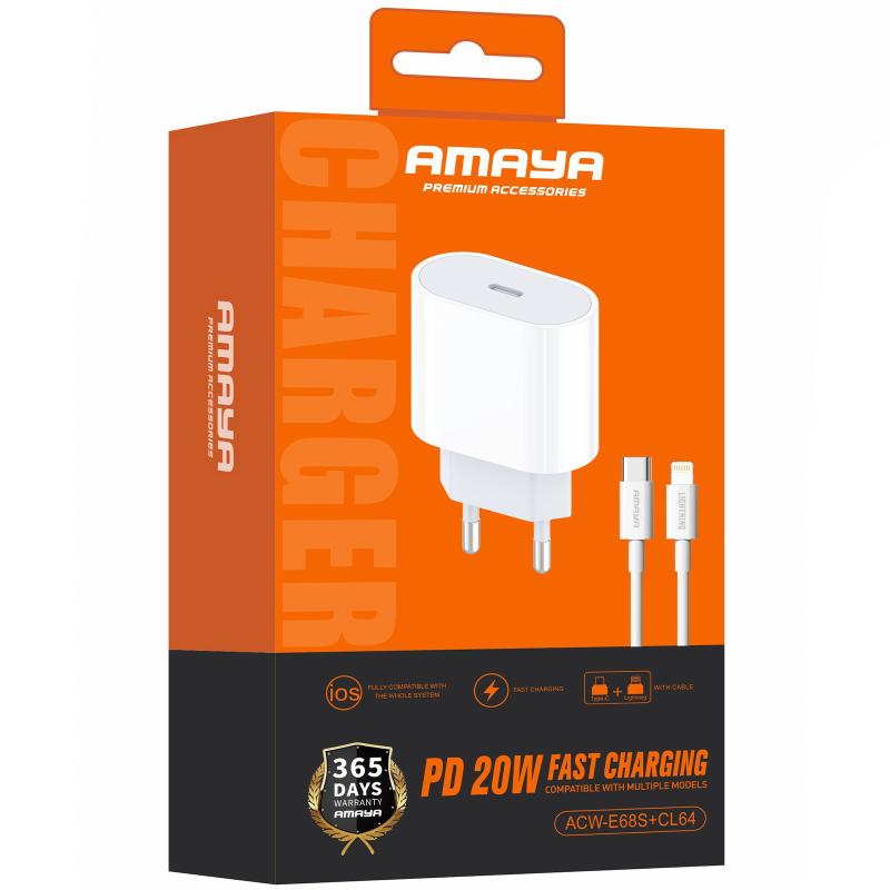 Мережевий зарядний пристрій Amaya E68S PD 20W (1×USB-C) + кабель USB-C → Lightning White