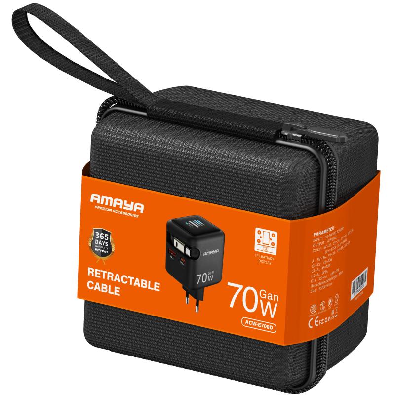 Мережевий зарядний пристрій Amaya E700D PD 70W + QC 3.0 GaN (1×USB-A / 1×USB-C) + Retractable Cable USB-C Black