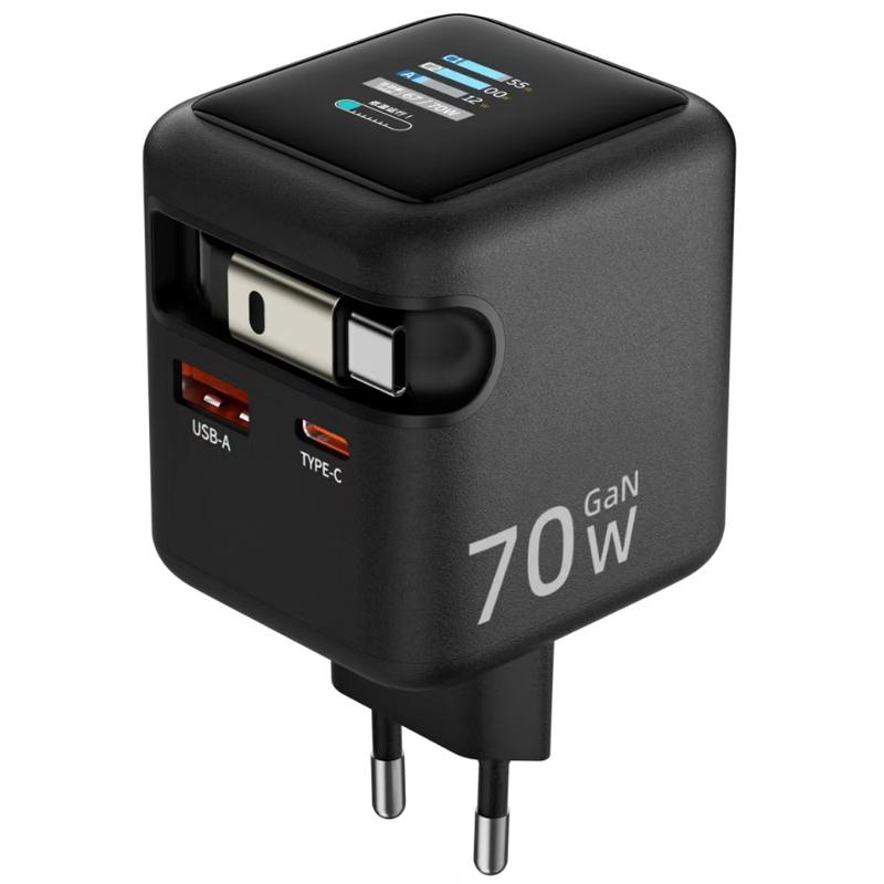 Мережевий зарядний пристрій Amaya E700D PD 70W + QC 3.0 GaN (1×USB-A / 1×USB-C) + Retractable Cable USB-C Black