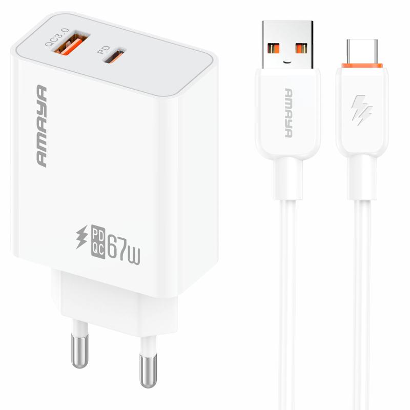 Мережевий зарядний пристрій Amaya E72D PD 67W + QC 3.0 (1×USB-A / 1×USB-C) + кабель USB to USB-C White