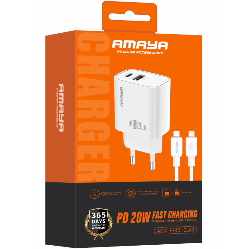 Мережевий зарядний пристрій Amaya E74D PD 20W + QC 3.0 (1×USB-A / 1×USB-C) + кабель USB-C → Lightning White