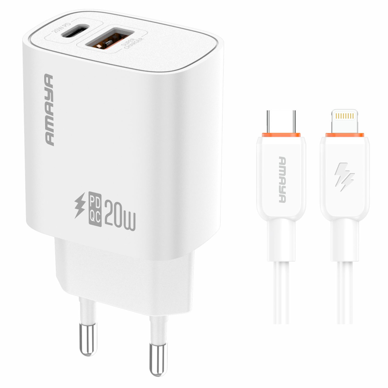 Мережевий зарядний пристрій Amaya E74D PD 20W + QC 3.0 (1×USB-A / 1×USB-C) + кабель USB-C → Lightning White