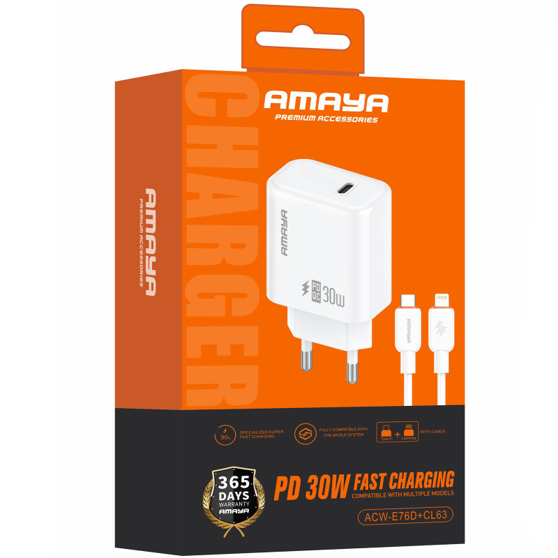 Мережевий зарядний пристрій Amaya E76D PD 30W (1×USB-C) + кабель USB-C → Lightning White