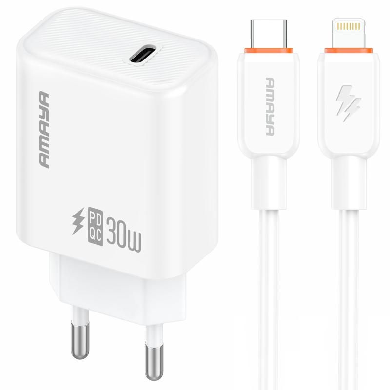 Мережевий зарядний пристрій Amaya E76D PD 30W (1×USB-C) + кабель USB-C → Lightning White