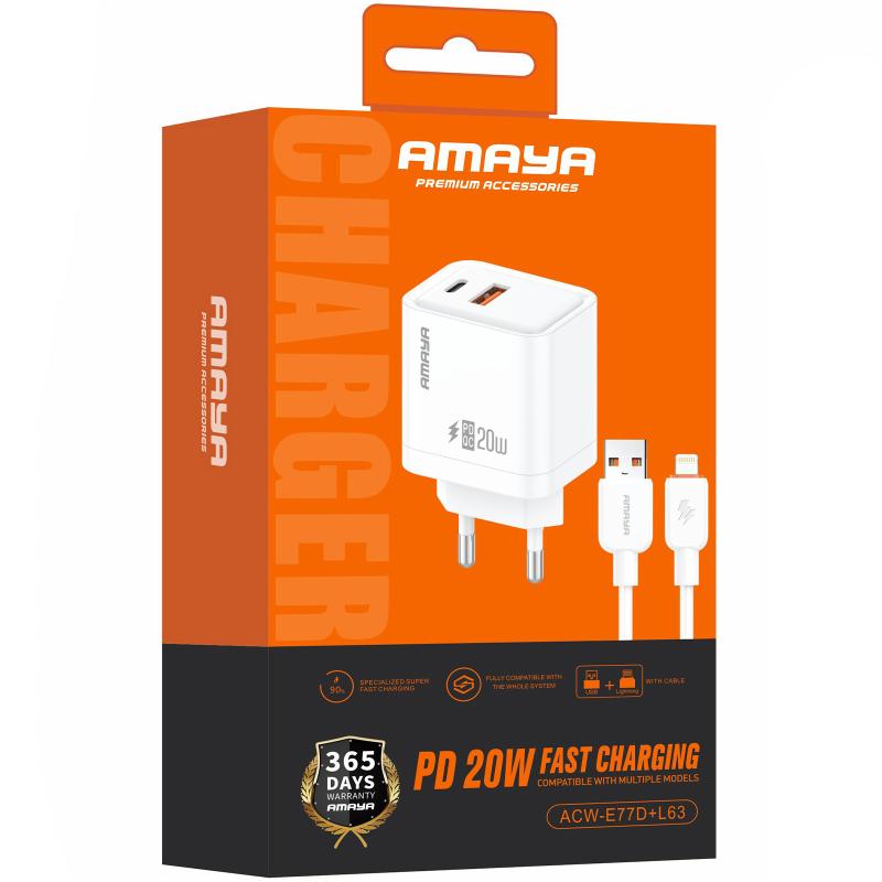 Мережевий зарядний пристрій Amaya E77D PD 20W + QC 3.0 (1×USB-A / 1×USB-C) + кабель USB to Lightning White