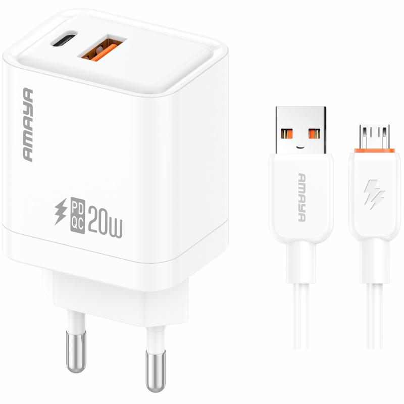 Мережевий зарядний пристрій Amaya E77D PD 20W + QC 3.0 (1×USB-A / 1×USB-C) + кабель USB to Micro-USB White