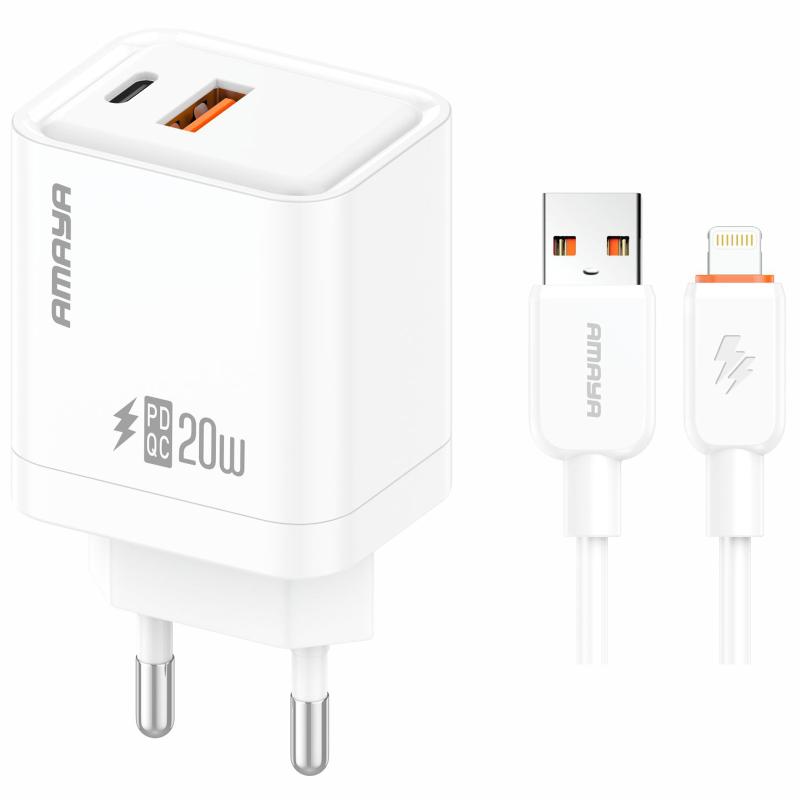 Мережевий зарядний пристрій Amaya E77D PD 20W + QC 3.0 (1×USB-A / 1×USB-C) + кабель USB to Lightning White