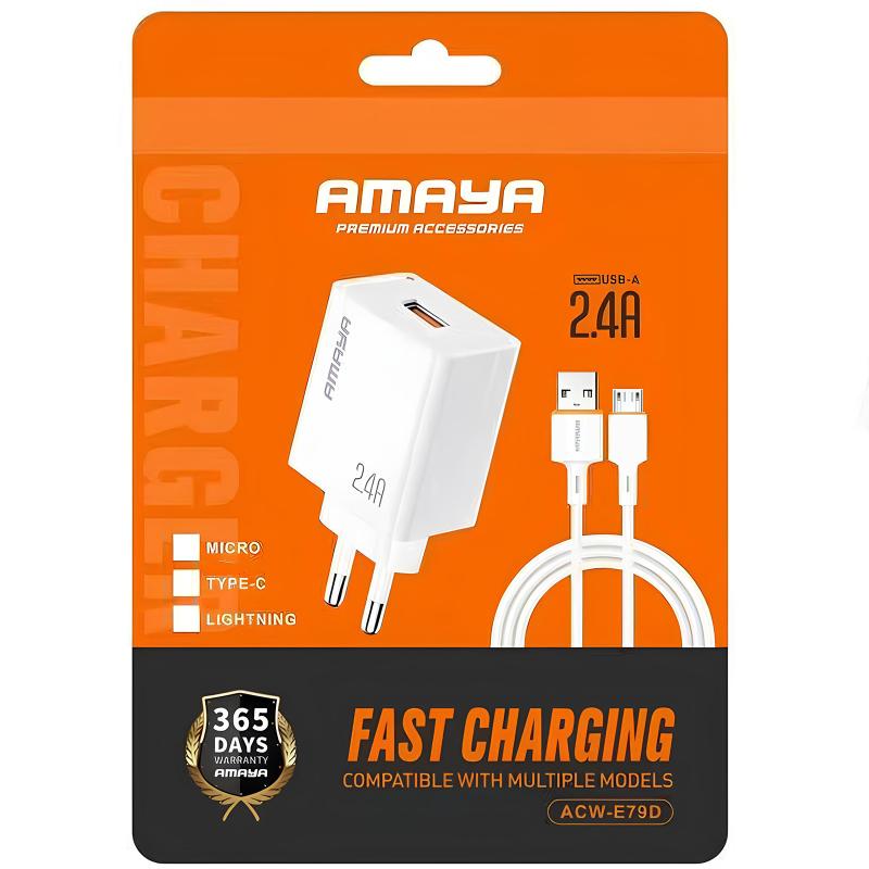 Мережевий зарядний пристрій Amaya E79D 2.4 А (1×USB-A) + кабель USB to Micro-USB White