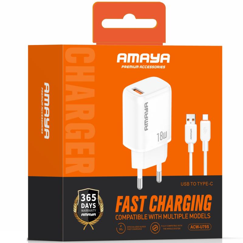 Мережевий зарядний пристрій Amaya U79S QC 3.0 18W (1×USB-A) + кабель USB to USB-C White