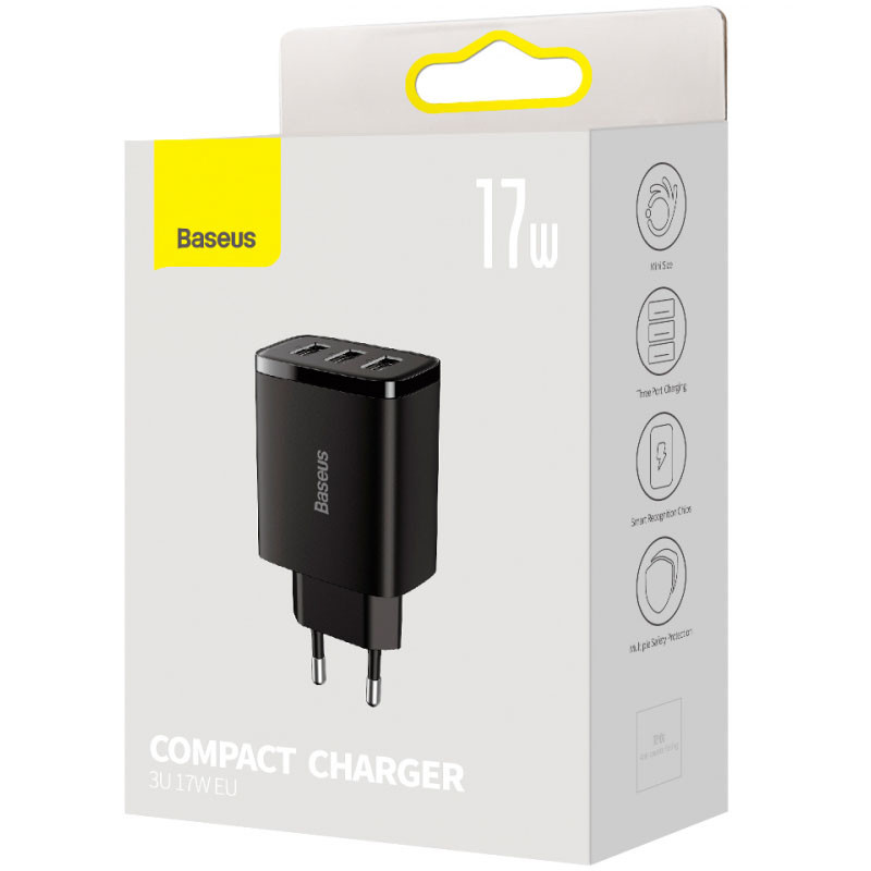 Мережевий зарядний пристрій Baseus Compact 17W (3×USB-A) (CCXJ02) Чорний