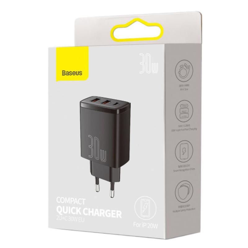 Мережевий зарядний пристрій Baseus Compact Quick Charger PD 30W + QC 3.0 (2×USB-A / 1×USB-C) (CCXJ-E) Чорний