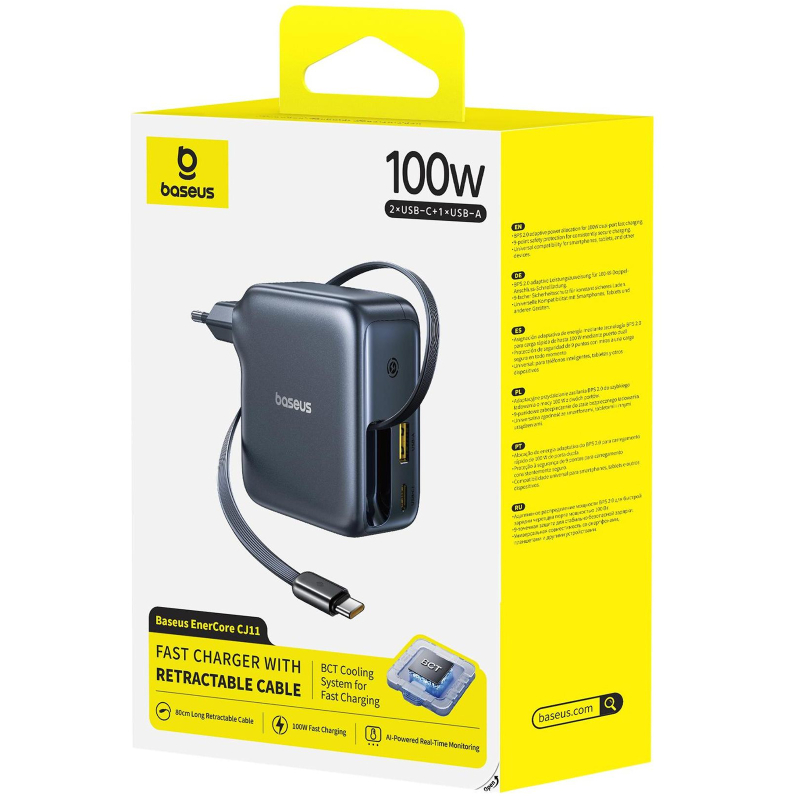 Мережевий зарядний пристрій Baseus EnerCore CJ11 PD 100W + QC 3.0 with retractable cable (1×USB-A / 2×USB-C) (E0120M) Cluster Black