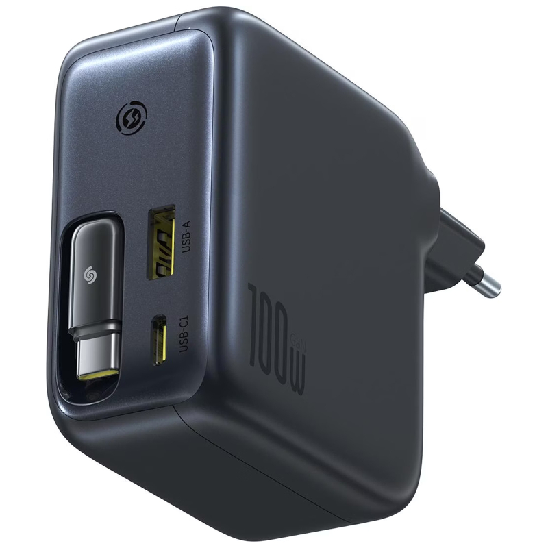 Мережевий зарядний пристрій Baseus EnerCore CJ11 PD 100W + QC 3.0 with retractable cable (1×USB-A / 2×USB-C) (E0120M) Cluster Black