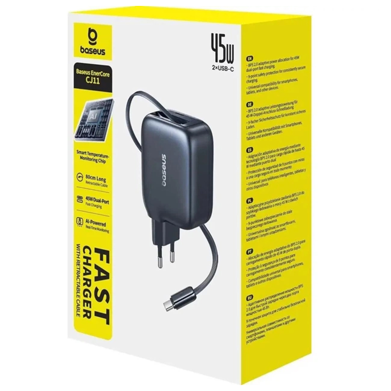 Мережевий зарядний пристрій Baseus EnerCore CJ11 PD 45W with retractable cable (2×USB-C) (E0120G) Cosmic Black
