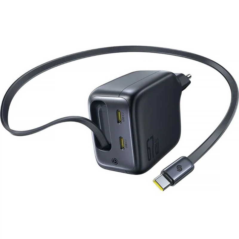 Мережевий зарядний пристрій Baseus EnerCore CJ11 PD 67W with retractable cable (3×USB-C) (E0121E) Cosmic Black