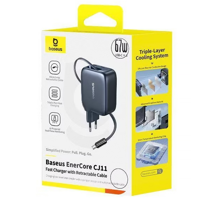 Мережевий зарядний пристрій Baseus EnerCore CJ11 PD 67W with retractable cable (3×USB-C) (E0121E) Cosmic Black