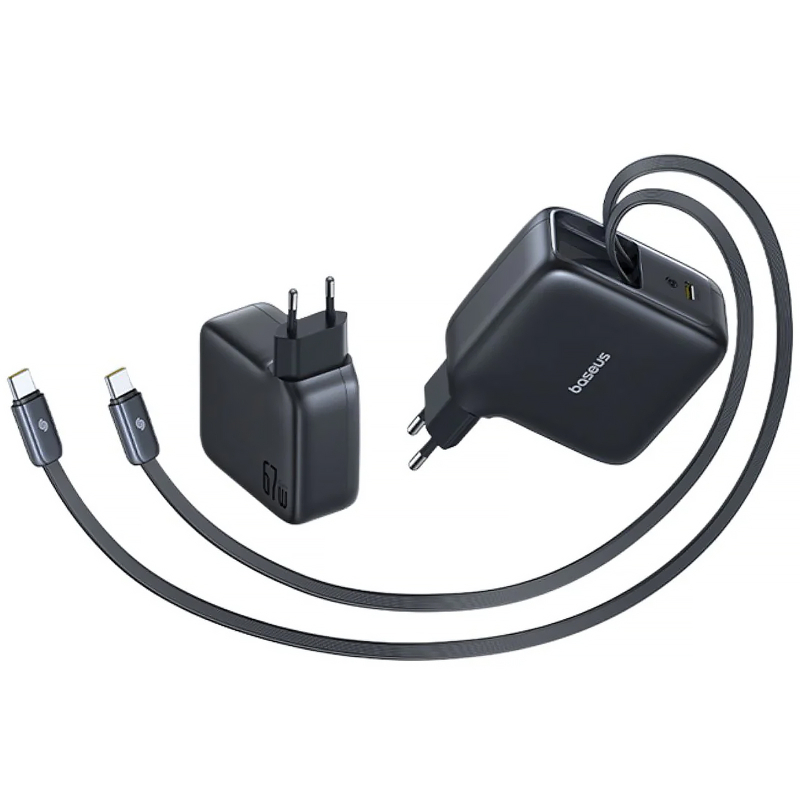 Мережевий зарядний пристрій Baseus EnerCore CJ21 PD 67W with retractable cables (3×USB-C) (E0121D) Cosmic Black