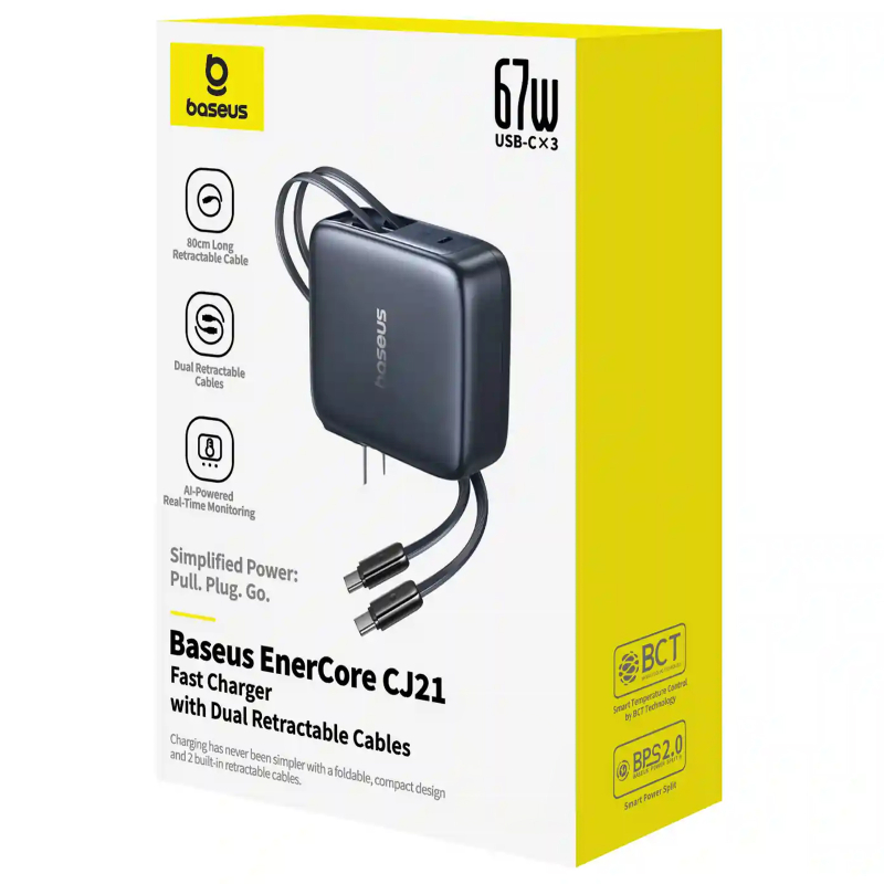 Мережевий зарядний пристрій Baseus EnerCore CJ21 PD 67W with retractable cables (3×USB-C) (E0121D) Cosmic Black