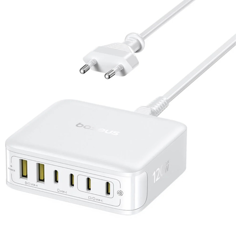 Мережевий зарядний пристрій Baseus EnerFill FH21 PD 120W + QC 3.0 6in1 (2×USB-A / 4×USB-C) (E0120T) Moon White