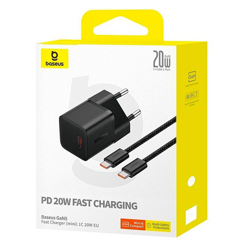 Мережевий зарядний пристрій Baseus GaN5 Fast Charger (mini) PD 20W (1×USB-C) + кабель USB-C → USB-C (P10110900113) Cluster Black
