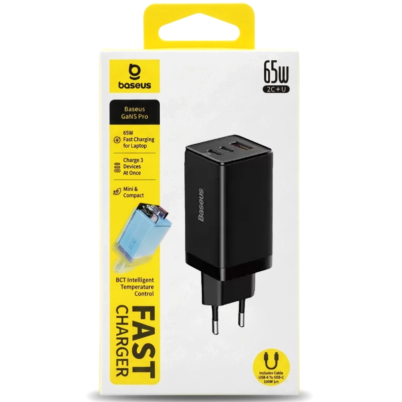 Мережевий зарядний пристрій Baseus GaN5 Pro PD 65W + QC 3.0 (1×USB-A / 2×USB-C) + кабель USB-C → USB-C (CCGP12020)