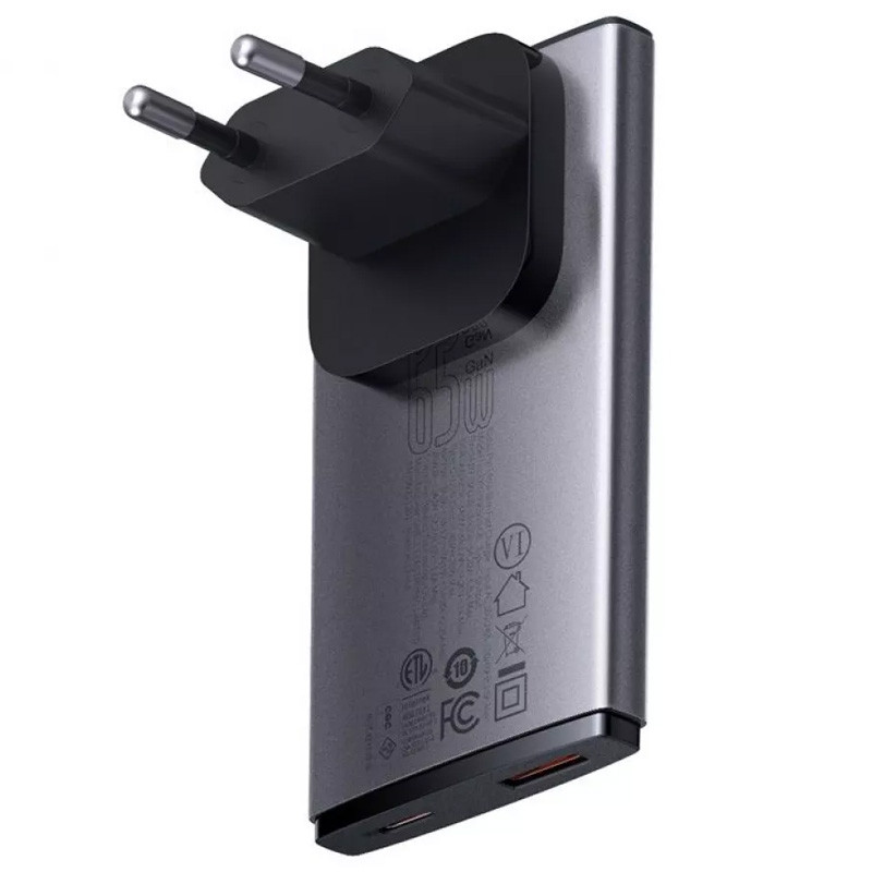 Мережевий зарядний пристрій Baseus GaN5 Pro Ultra-Slim PD 65W + QC 3.0 (1×USB-A / 1×USB-C) + кабель USB-C → USB-C (CCGP15011) Gray