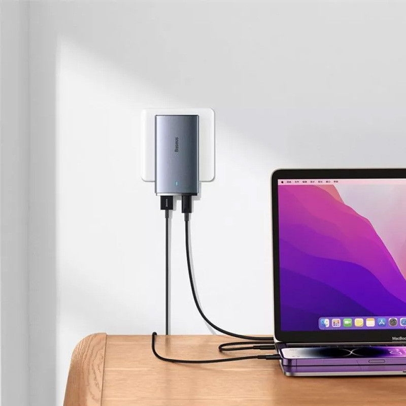 Мережевий зарядний пристрій Baseus GaN5 Pro Ultra-Slim PD 65W + QC 3.0 (1×USB-A / 1×USB-C) + кабель USB-C → USB-C (CCGP15011) Gray
