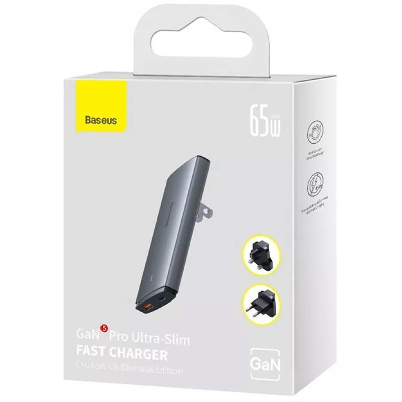 Мережевий зарядний пристрій Baseus GaN5 Pro Ultra-Slim PD 65W + QC 3.0 (1×USB-A / 1×USB-C) + кабель USB-C → USB-C (CCGP15011) Gray