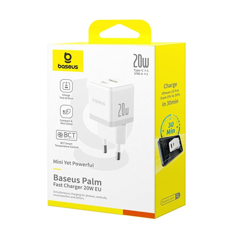 Мережевий зарядний пристрій Baseus Palm Fast Charger PD 20W + QC 3.0 (1×USB-A / 1×USB-C) + кабель USB-C → USB-C (P10111608)