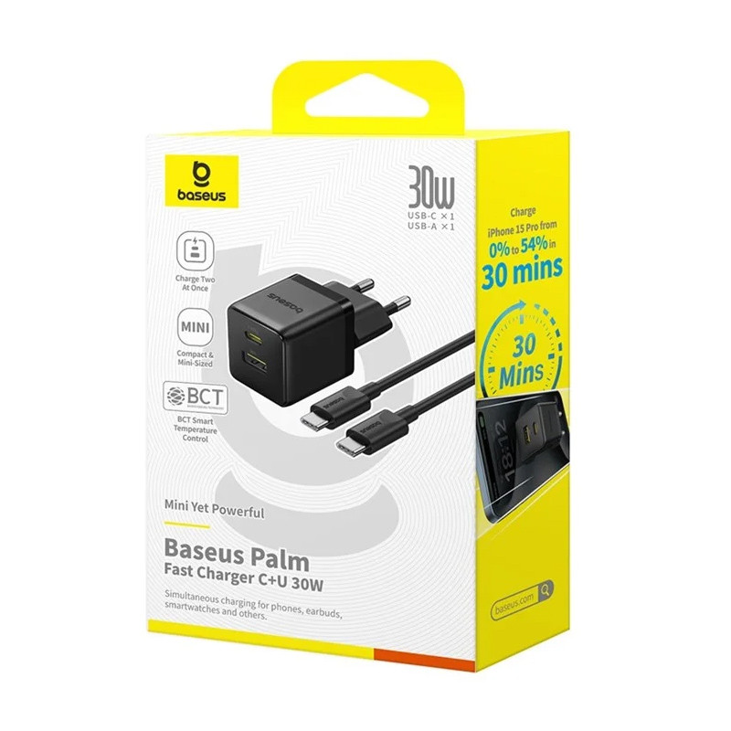 Мережевий зарядний пристрій Baseus Palm Fast Charger PD 30W + QC 3.0 (1×USB-A / 1×USB-C) + кабель USB-C → USB-C (P1011160A)