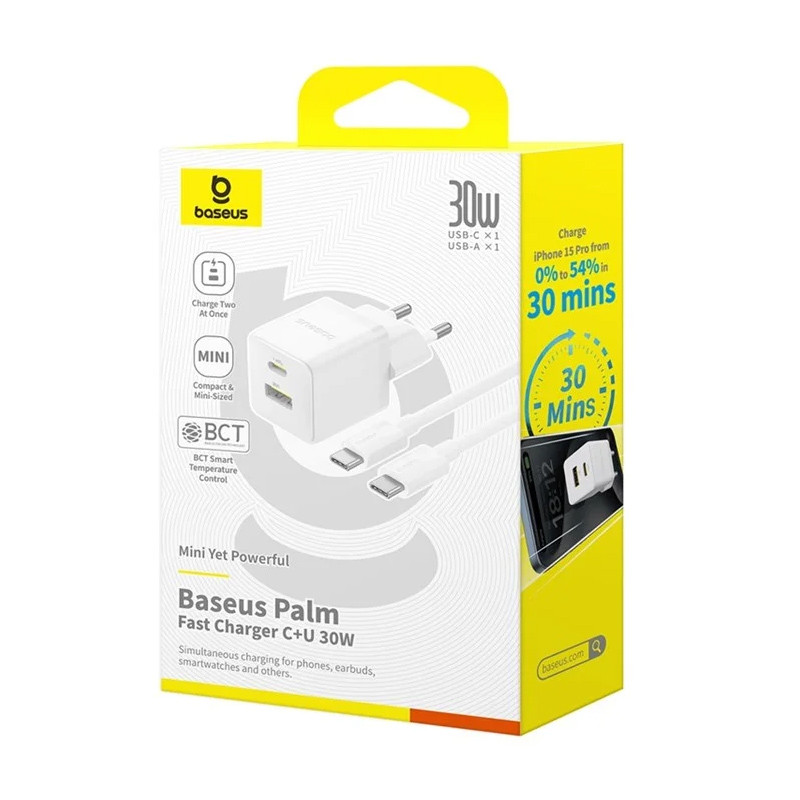 Мережевий зарядний пристрій Baseus Palm Fast Charger PD 30W + QC 3.0 (1×USB-A / 1×USB-C) + кабель USB-C → USB-C (P1011160A)