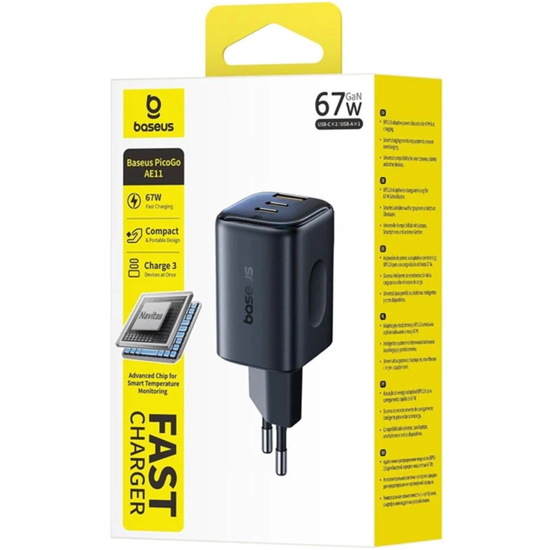 Мережевий зарядний пристрій Baseus PicoGo AE11 Fast Charger 67W (1×USB-A / 2×USB-C) (E01212) Cosmic Black
